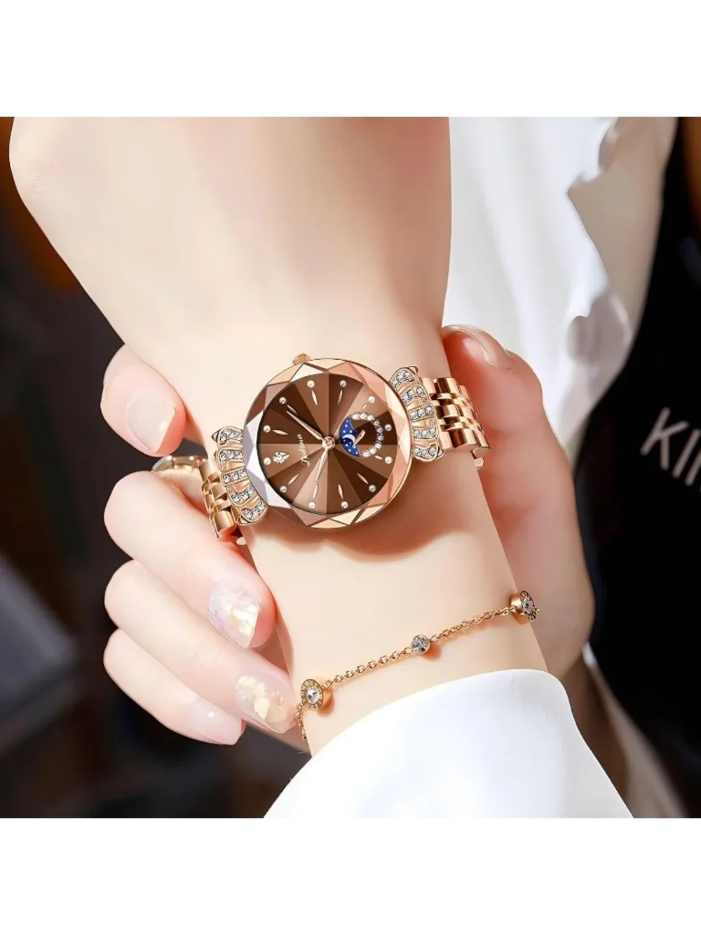 Women's Brown Steel Luxury Diamond Dial Stainless Steel Bracelet Wrist Watch